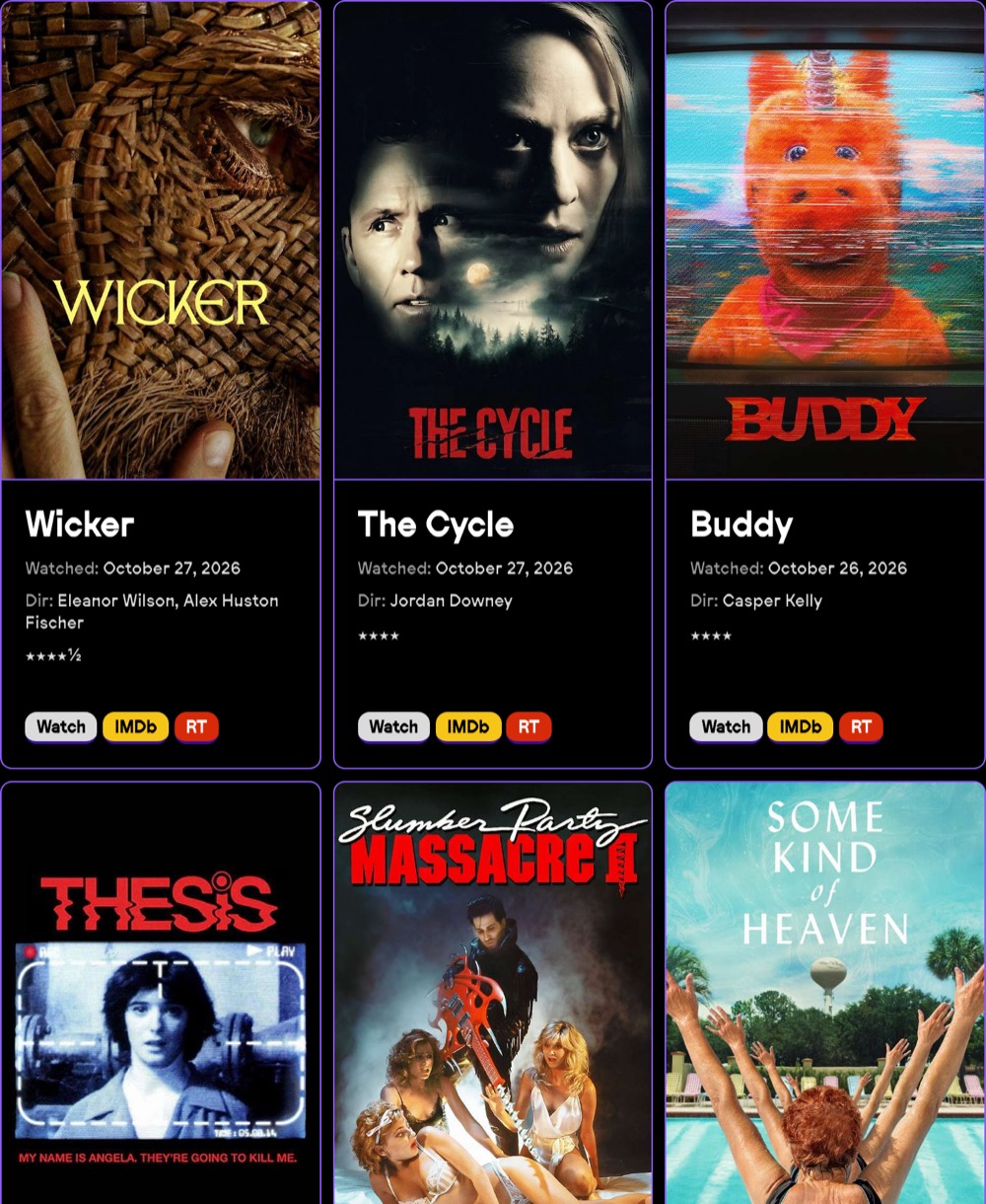 The Movie Grid block: poster cards for Wicker, The Cycle and Buddy, each with the date watched, director, star rating, and Watch, IMDb and RT buttons.